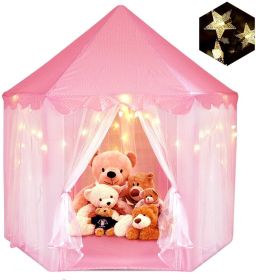 Outdoor Indoor Portable Folding Princess Castle Tent Kids Children Funny Play Fairy House Kids Play Tent(Warm LED Star Lights)