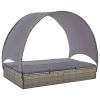 Double Sun Lounger with Canopy Poly Rattan Gray