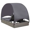 Double Sun Lounger with Canopy Poly Rattan Gray