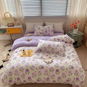 Home Fashion Simple Printing Cotton Bed Four-piece Set (Option: Purple Rose-1.8M)