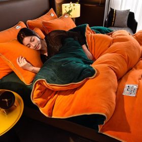 Pure Color Thickened Warm Milk Fiber Four-piece Set (Option: Orange Dark Green-150cm Fitted Sheet 4pcs Set)