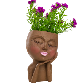 Resin Flower Pot Vase Artistic Sculpture Head Planter Flower Pot (Color: brown)