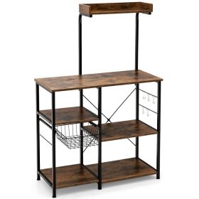 4-tier Kitchen Baker's Rack with Basket and 5 Hooks (Color: Rustic Brown)