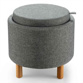 Round Fabric Storage Ottoman with Tray and Non-Slip Pads for Bedroom (Color: Gray)