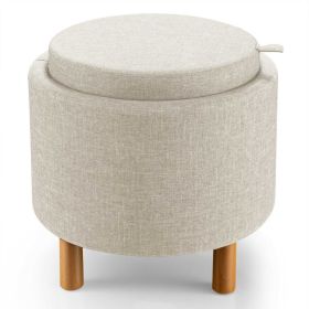 Round Fabric Storage Ottoman with Tray and Non-Slip Pads for Bedroom (Color: Beige)