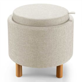 Round Fabric Storage Ottoman with Tray and Non-Slip Pads for Bedroom (Color: Beige)