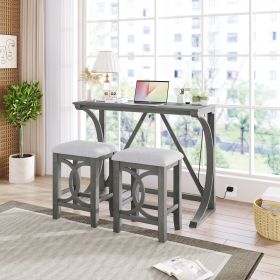 3-Piece Counter Height Dining Table Set with USB Port and Upholstered Stools (Color: Gray)