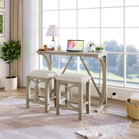 3-Piece Counter Height Dining Table Set with USB Port and Upholstered Stools (Color: Cream)