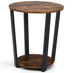 2-Tier Round End Table with Storage Shelf and Metal Frame (Color: brown)