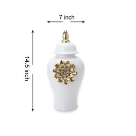 White Ginger Jar with Gilded Flower - Timeless Home Decor (Color: as Pic)