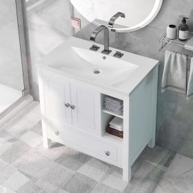 Bathroom Vanity with Sink;  Bathroom Storage Cabinet with Doors and Drawers;  Solid Wood Frame;  Ceramic Sink (Color: White)