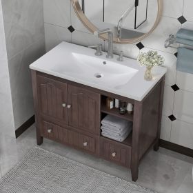 36" Bathroom Vanity with Ceramic Basin;  Bathroom Storage Cabinet with Two Doors and Drawers;  Solid Frame;  Metal Handles (Color: brown)