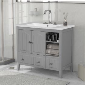 36" Bathroom Vanity with Ceramic Basin;  Bathroom Storage Cabinet with Two Doors and Drawers;  Solid Frame;  Metal Handles (Color: grey)