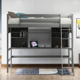 Twin size Loft Bed with Storage Shelves;  Desk and Ladder (Color: Gray)