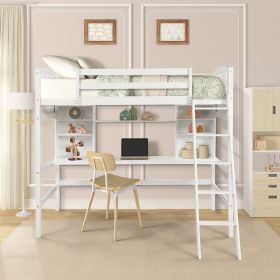 Twin size Loft Bed with Storage Shelves;  Desk and Ladder (Color: White)