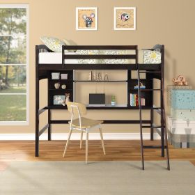Twin size Loft Bed with Storage Shelves;  Desk and Ladder (Color: Espresso)
