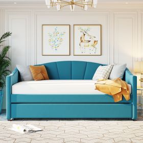 Upholstered Daybed Sofa Bed Twin Size With Trundle Bed and Wood Slat (Color: Blue)