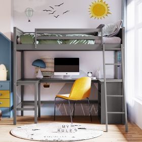 Twin size Loft Bed with Shelves and Desk;  Wooden Loft Bed with Desk (Color: Gray)