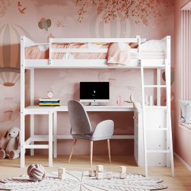 Twin size Loft Bed with Shelves and Desk;  Wooden Loft Bed with Desk (Color: White)