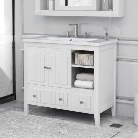 36" Bathroom Vanity with Ceramic Basin;  Bathroom Storage Cabinet with Two Doors and Drawers;  Solid Frame;  Metal Handles (Color: White)