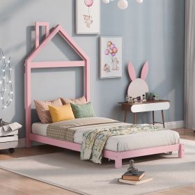 Twin Size Wood Platform Bed with House-shaped Headboard (Color: pink)