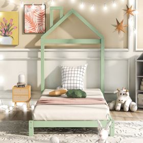 Twin Size Wood Platform Bed with House-shaped Headboard (Color: green)