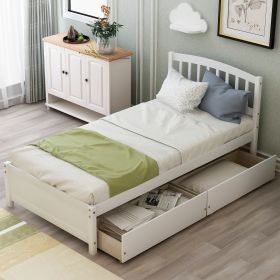 Twin Platform Storage Bed Wood Bed Frame with Two Drawers and Headboard (Color: White)