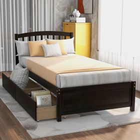 Twin Platform Storage Bed Wood Bed Frame with Two Drawers and Headboard (Color: Espresso)