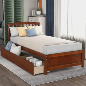 Twin Platform Storage Bed Wood Bed Frame with Two Drawers and Headboard (Color: Walnut)