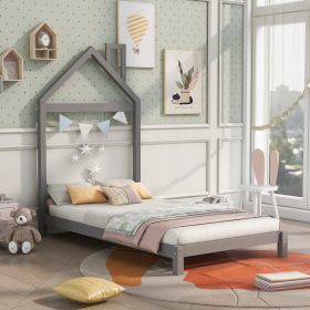 Twin Size Wood Platform Bed with House-shaped Headboard (Color: Gray)