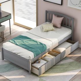 Twin Platform Storage Bed Wood Bed Frame with Two Drawers and Headboard (Color: Gray)