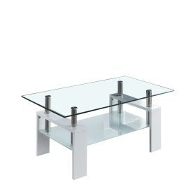 Artisan Center Coffee Table, Tempered Glass Top Stainless Steel Legs for Living Room, 37"Lx22"Dx16"H (Color: White)