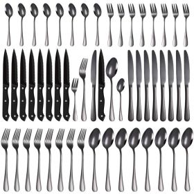 Stainless Steel Tableware 48 Pieces Suit Steak Knife Fork And Spoon (Color: Black)