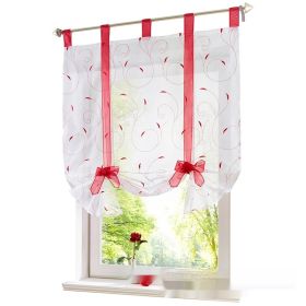 Embroidered Pastoral Adjustable Curtain Rod Ribbon Roman Window Screen (Option: Red-80 × 140cm)