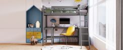 Twin size Loft Bed with Shelves and Desk;  Wooden Loft Bed with Desk