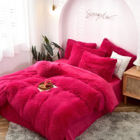 Mink Fur Four-piece Plush Rhinestone Velvet Duvet Cover (Option: Rose Red-229X265cm)