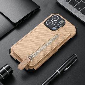 Card Holder Phone Case Wallet Bracket Zipper Protective Sleeve (Option: Khaki Apricot Color-IPhone12Mini)