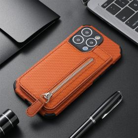 Card Holder Phone Case Wallet Bracket Zipper Protective Sleeve (Option: Brown-iPhone 12 Pro)